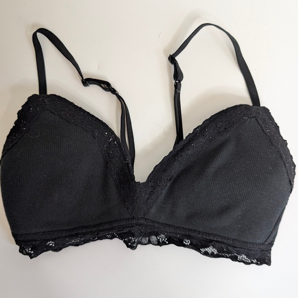 Aerie Womens Lace Trim Bralette 34D Black Ribbed Triangle Padded Lingerie
